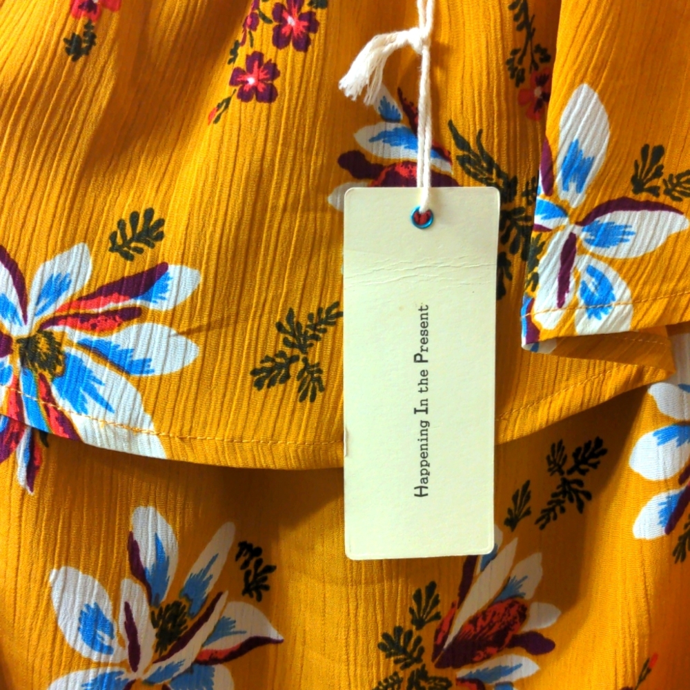 H.I.P. NWT Mustard Floral Women's Large Off the Shoulder Summer Blouse Ruffles - Picture 4 of 6